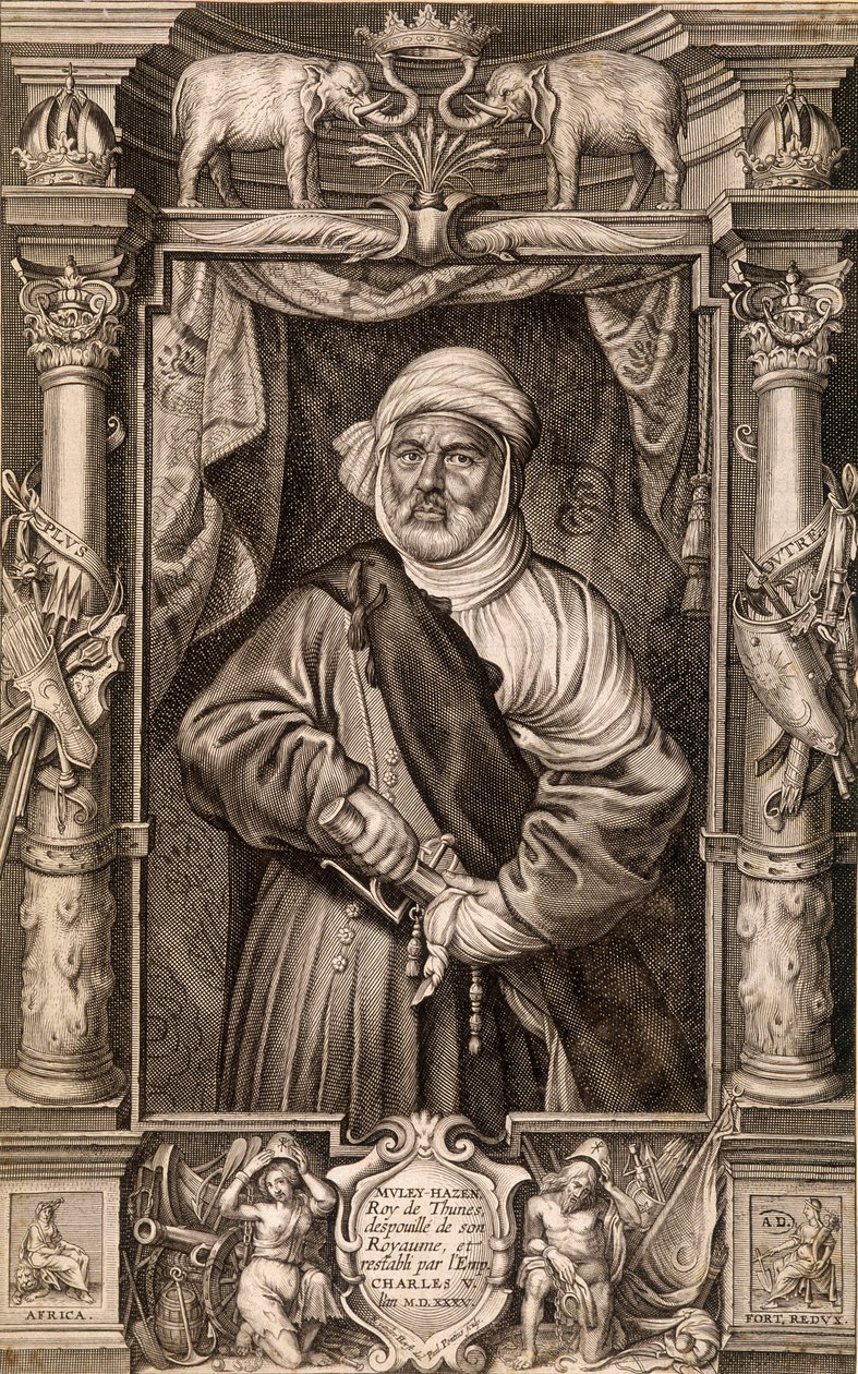 Retrato de Muley Hazen (rei mouro), Rei das Dunas despojado do seu reino e restaurado pelo Imperador Carlos V, Tunísia 1535. de Unknown artist
