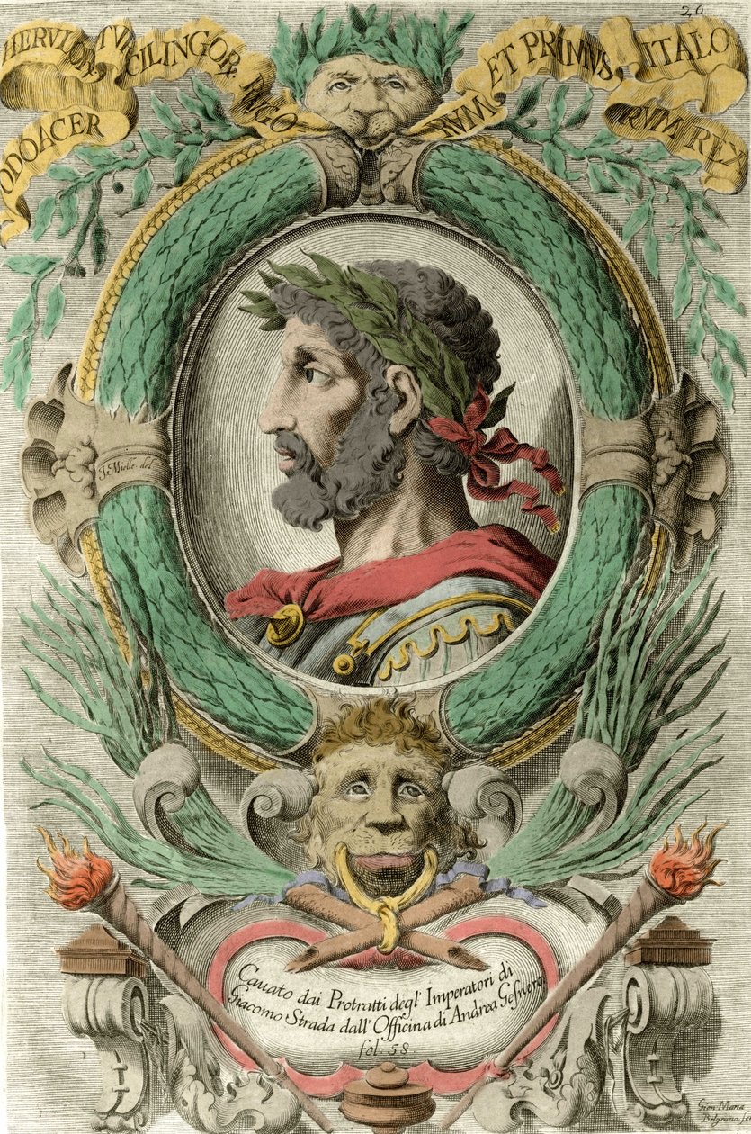 Retrato de Odoacre (Odovacar), líder dos Herules aliados aos hunos e ministro de Átila (435-493). Gravura do século XVIII. de Unknown artist