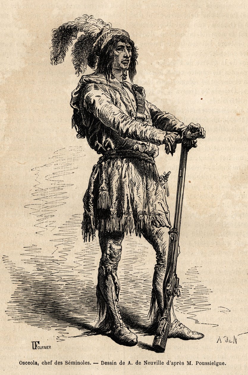Retrato de Osceola (1804-1838), líder dos seminoles, à frente da resistência indiana contra os Estados Unidos durante a Guerra da Flórida (1835-1842). Gravura para ilustrar a história quatro meses na Flórida, de Achille Pousselgue em 1851-1852, publicado de Unknown artist