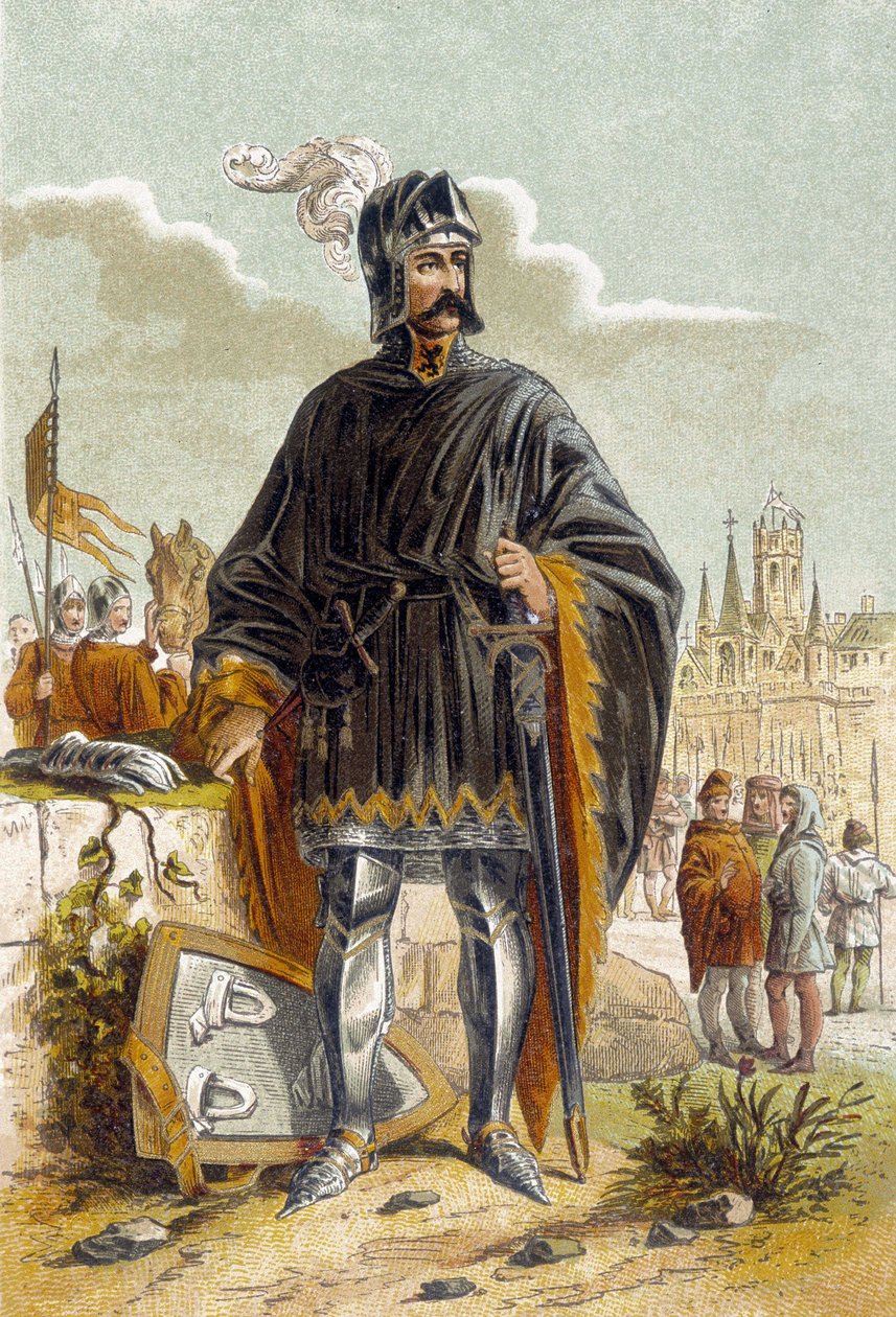 Retrato de Philip van Artevelde (1340-1382), político flamengo e líder da revolta dos tecelões de Gand contra o Conde Luís II da Flandres conhecido como Luís de Male ou Maele (1381). Ele foi derrotado e morto na Batalha de Rozebeke (1382). Chromo de Unknown artist