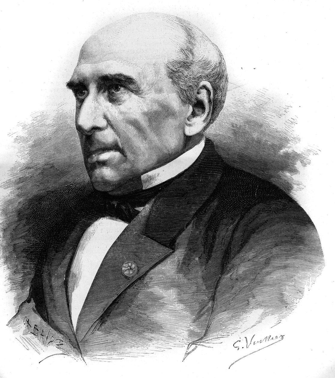 Retrato de Pierre Guillaume Frederic Le Play (Pierre-Guillaume-Frederic) (1806-1882), engenheiro e sociólogo francês. Gravura em "Le Monde Illustré" n°1306 de 8 de Abril de 1882. de Unknown artist