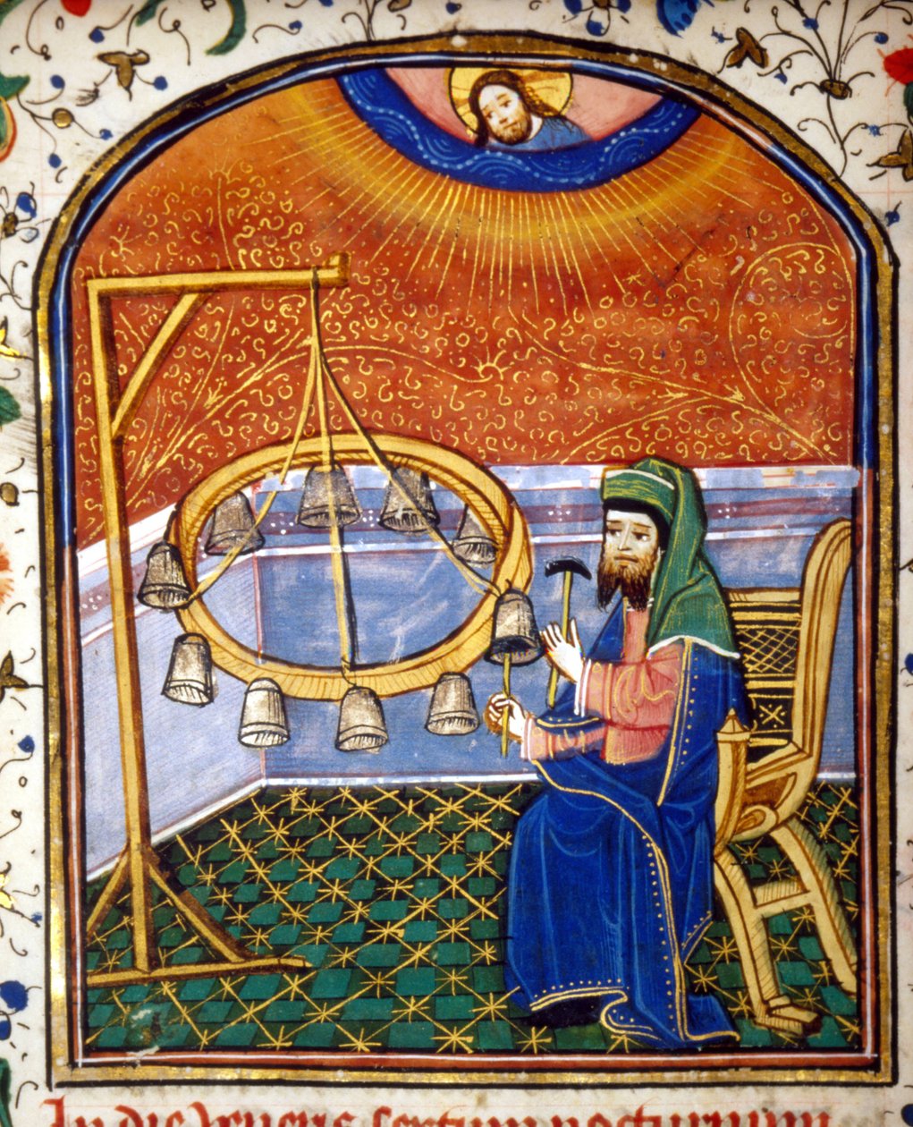 Retrato de Pitágoras (ca. 570 - cerca de 480 a.C.), matemático e filósofo grego, tocando um instrumento de percussão (sinos), miniatura do século XV. de Unknown artist