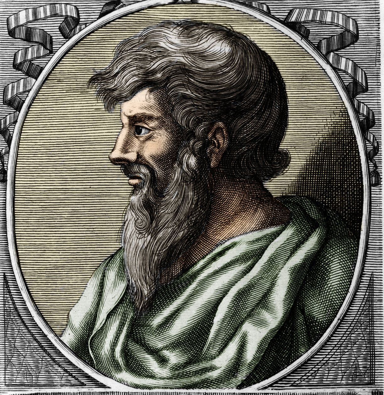 Retrato de Pitágoras (ca. 570 - cerca de 480 a.C.), matemático e filósofo grego. Gravura do século XVIII de Unknown artist