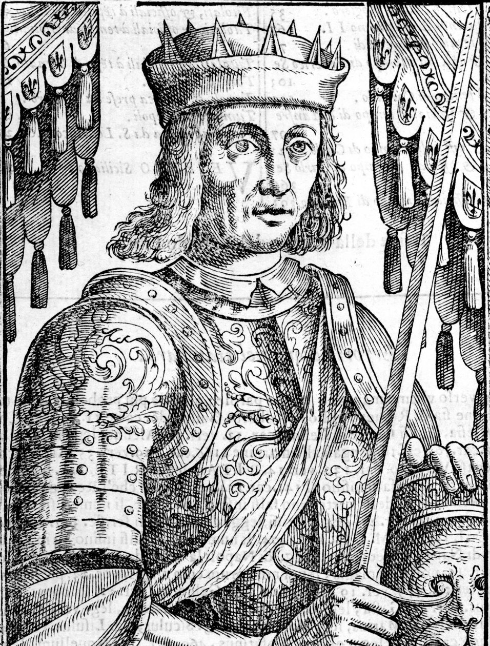 Retrato de Roger II de Hauteville (Ruggero Altavilla) (1097-1154), fundador da monarquia da Sicília. Xilografia do século XVI. de Unknown artist