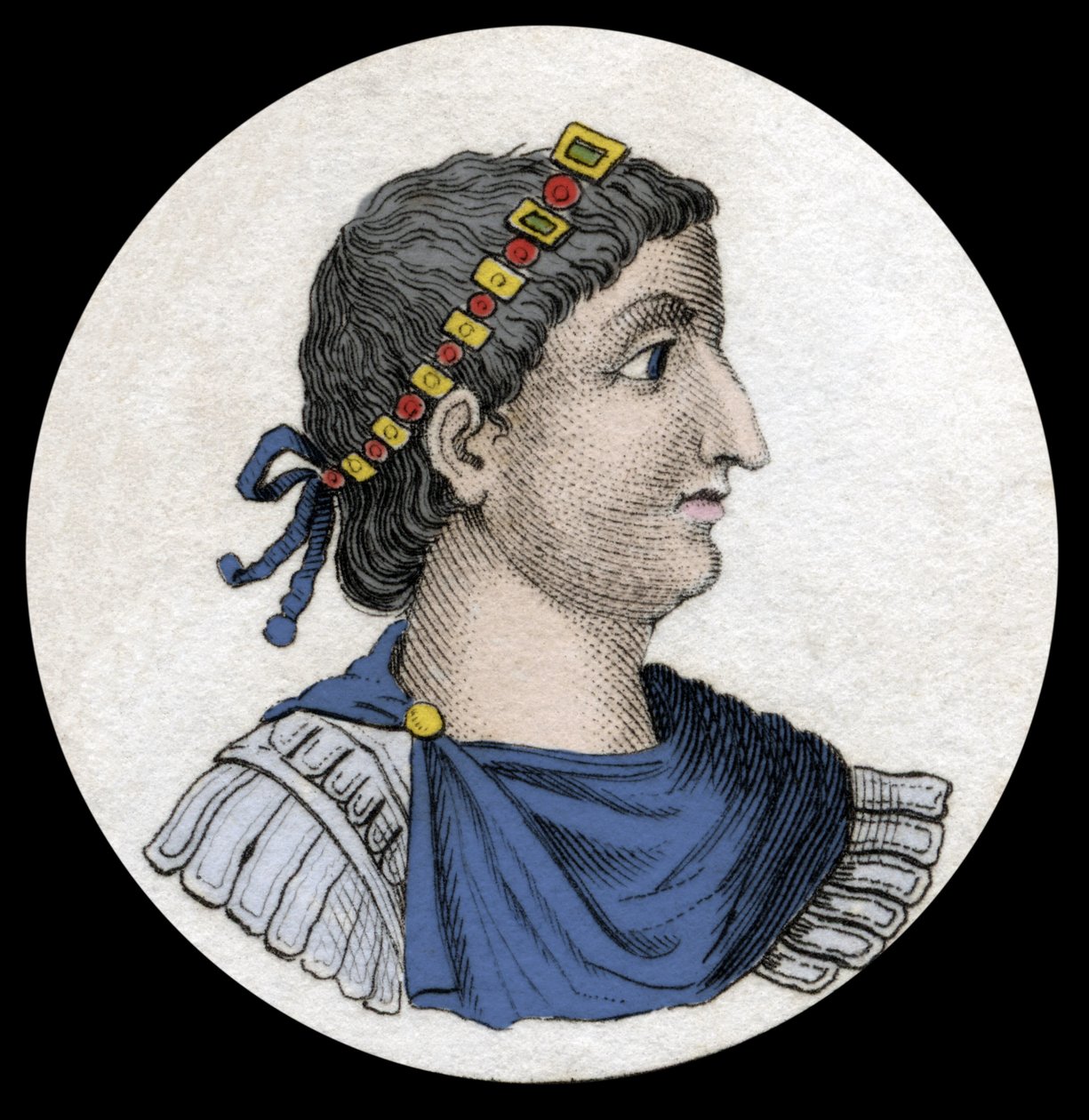 Retrato de Teodósio I (Flavius Theodosius) (347-395), Imperador Romano, Gravura do século XIX. de Unknown artist