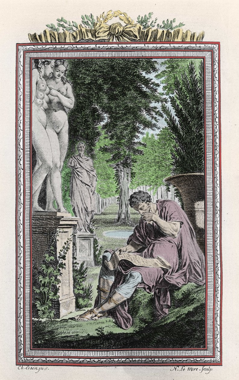 Retrato de Titus Lucretius Carus (Lucrece) filósofo e poeta romano em "De Rerum natura", Gravura do século XVIII. de Unknown artist