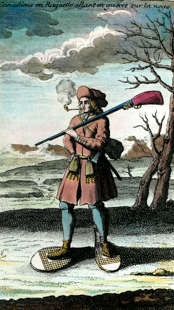 Retrato de um canadiano em sapatos de neve a ir para a guerra. Gravura do século XVIII. Colecção privada. de Unknown artist