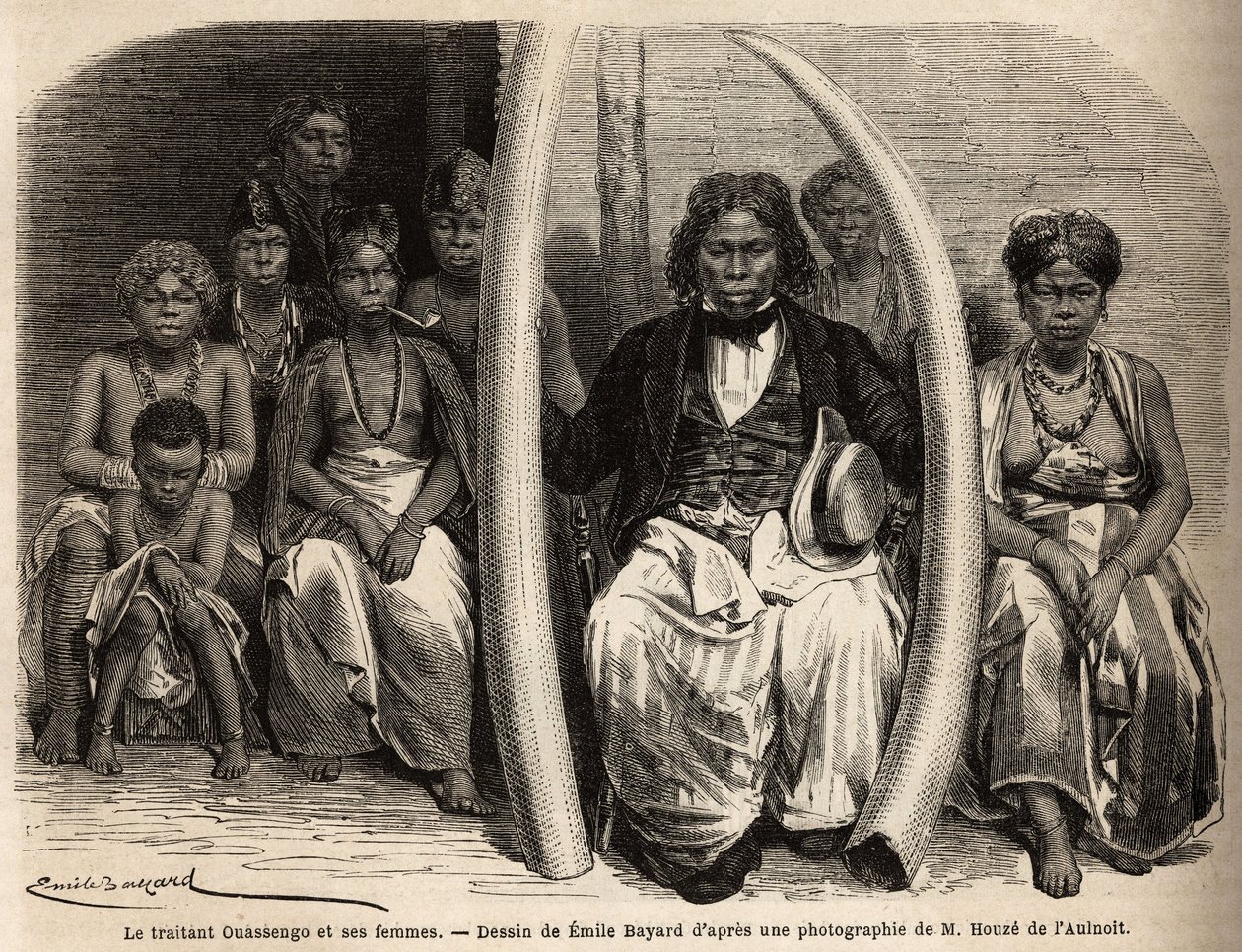 Retrato de um negociante de marfim africano, rodeia as suas esposas. Desenho de Emile Bayard (1837-1891), para ilustrar a viagem ao Gabão, em 1861-64, do Doutor Griffon du Bellay. Gravura em "Le tour du monde", editado por Edouard Charton de Unknown artist