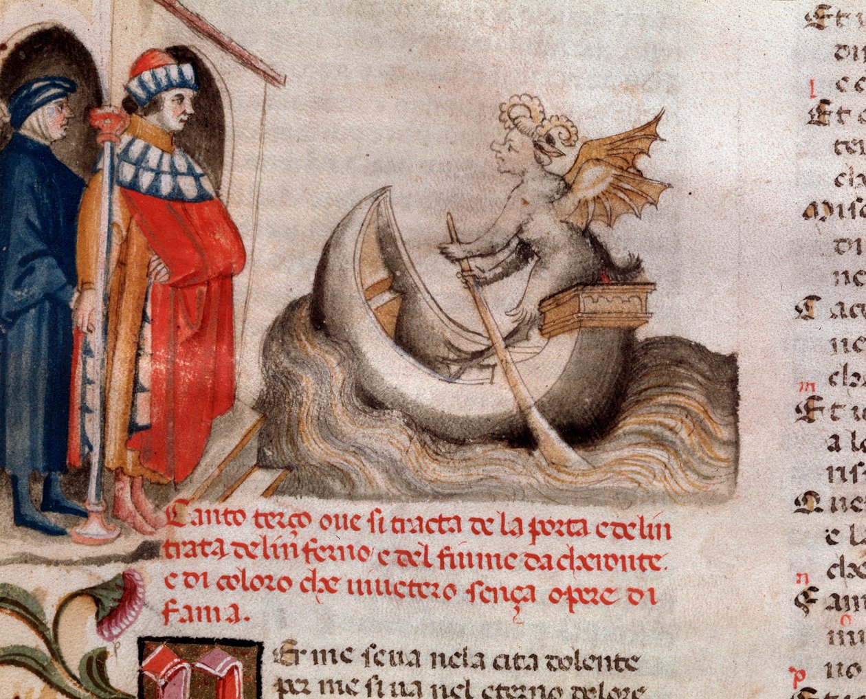 Retrato do poeta italiano Dante Alighieri olhando para Charon seu barco atravessando o Acheron com as almas (canção 3 do Inferno, na Divina Comédia) - miniatura do século XV de Unknown artist