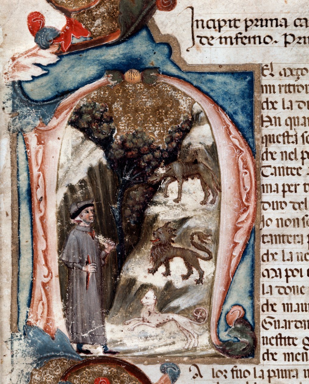 Retrato do poeta italiano Dante Alighieri com bestas - miniatura de Unknown artist