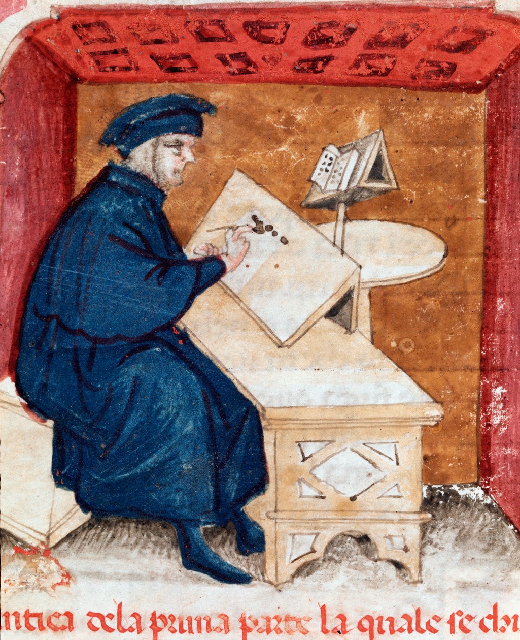Retrato do poeta italiano Dante Alighieri escrevendo sua Divina commedia - Miniatura de Unknown artist