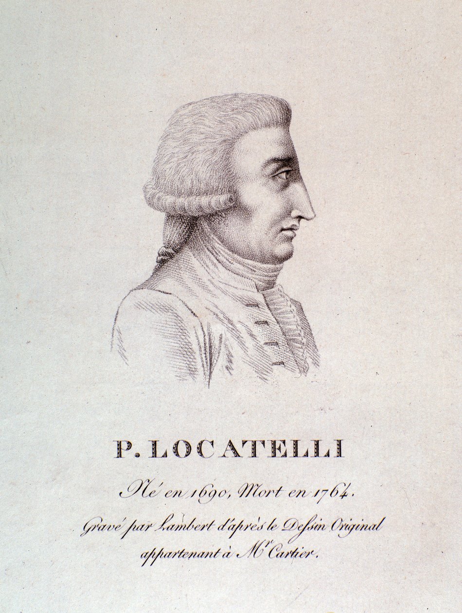 Retrato do violinista e compositor italiano Pietro Locatelli (1695-1762) Gravura. Século XVIII. Bolonha, musico civico musico de Unknown artist