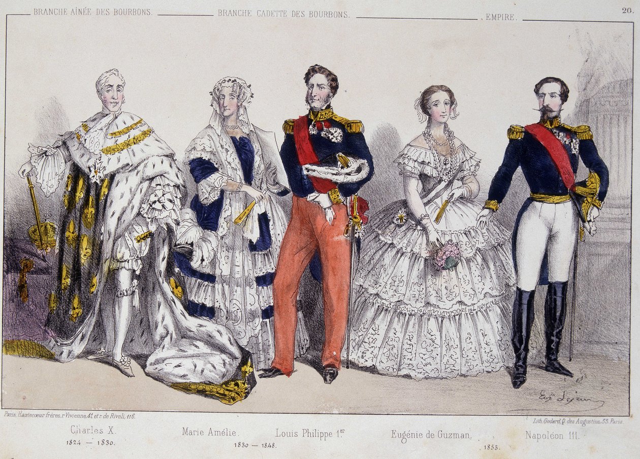 Retrato dos Bourbons. Da esquerda para a direita: Charles X (1757-1836), Marie Amelie (1782 - 1866), Louis Philippe I (1773-1850), Eugenie de Guzman (1826-1920) e Napoleão III (1808-1873). de Unknown artist