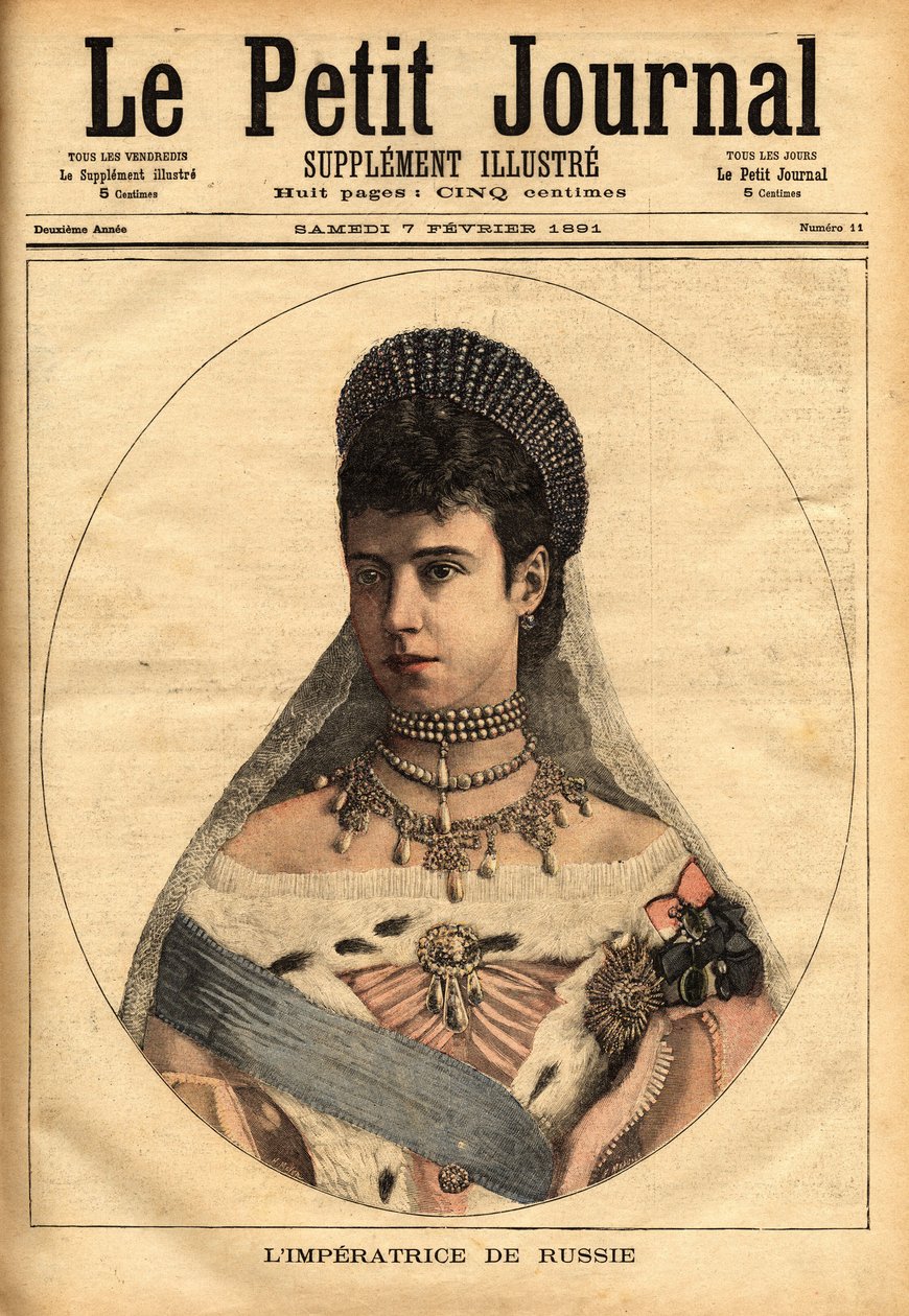 Retrato da princesa dinamarquesa Mary Sophie Dagmar (1847-1928), que casou sob o nome de Mary Feodorovna (ou Fiodorovna, ou Fedorovna), em 1866, Alexander Alexandrovich Romanov (1845-1894), ou Alexander III imperador (czar) da Rússia. Gravura em "Le de Unknown artist