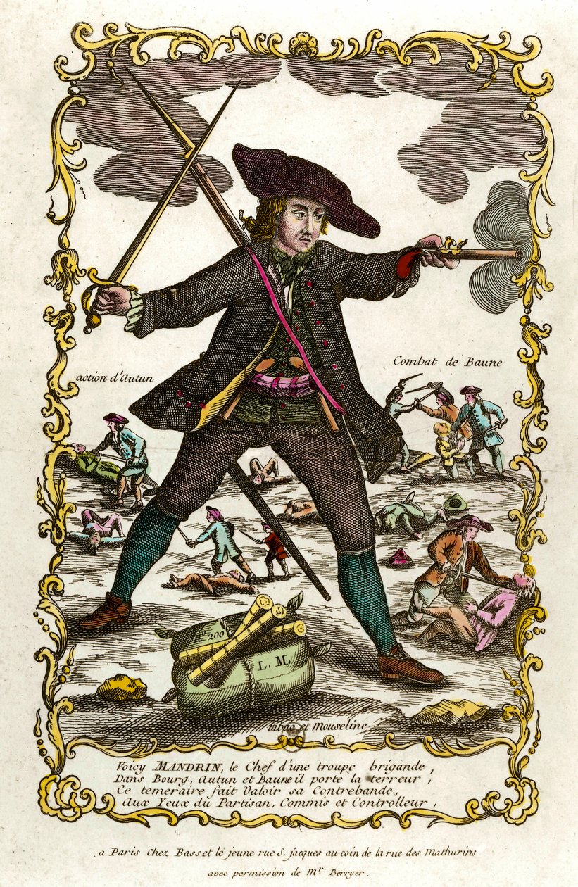 Retrato do bandido francês Louis Mandrin (ca. 1725-1755). Atrás dele, a ação de Autun e a luta de Baune. Gravura do século XVIII. Coleção particular de Unknown artist
