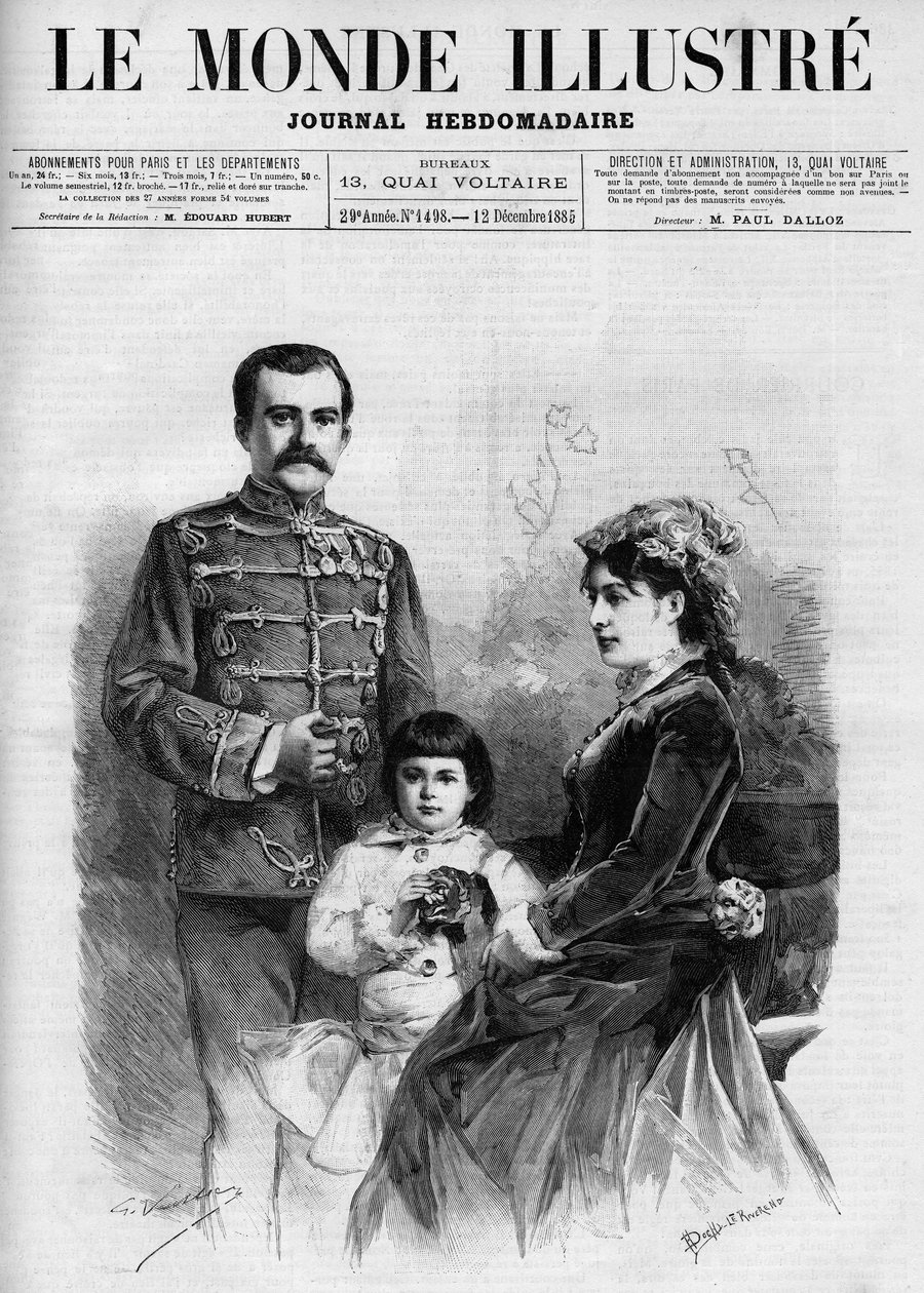 Retrato do Rei da Sérvia Milão I (Milan Obrenovich) (1854-1901), está rodeado pela Rainha Nathalie e seu herdeiro ao Príncipe do Trono Alexandre, em "The Illustrous World 1885". de Unknown artist