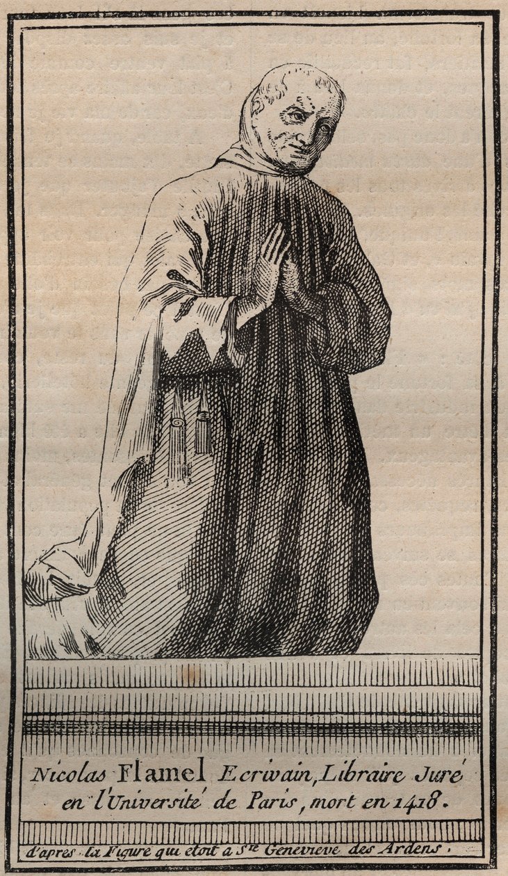 Retrato do alquimista francês Nicolas Flamel (1330-1418) - Gravura - Retrato do alquimista inglês Nicolas Flamel - Gravura Colecção privada de Unknown artist