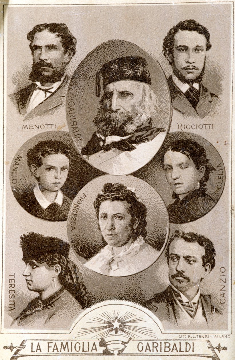 Retrato do patriota e heróis do Risorgimento Giuseppe Garibaldi (1807-1882) e membros da sua família: Menotti, Ricciotti e Teresita, filho de Anita; Stefano Canzio, esposa de Teresita; Francesca Armosino, terceira esposa de e seus filhos Figli Clel de Unknown artist