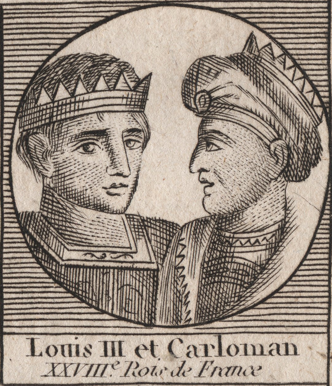 Retratos de Luís III (863/65-882) Rei dos Francos entre 879 e 882 e Carloman II (866-884), Rei dos Francos de 879 a 884 - Luís II rei da Francia Ocidental e Carloman II, rei da Francia Ocidental - gravura de "Instruction sur l