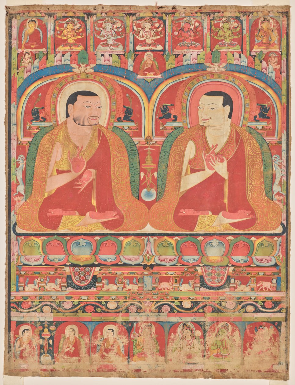 Retratos de dois mestres de linhagem da Ordem Kagyu: Phagmo Drupa (1110–1170) e Tashipel (1142–1210) de Unknown artist