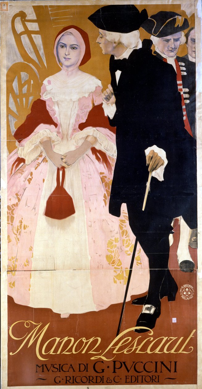 Poster para a ópera "Manon Lescaut" de Giacomo Puccini (1858-1924) 1893 aproximadamente. de Unknown artist
