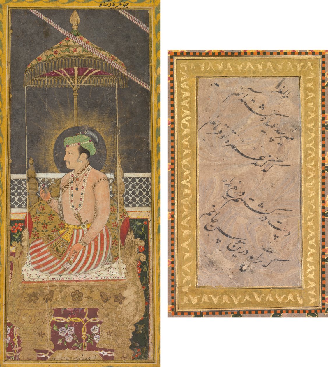 Retrato póstumo do imperador Jahangir sob um dossel (reto); Caligrafia (verso) de Unknown artist
