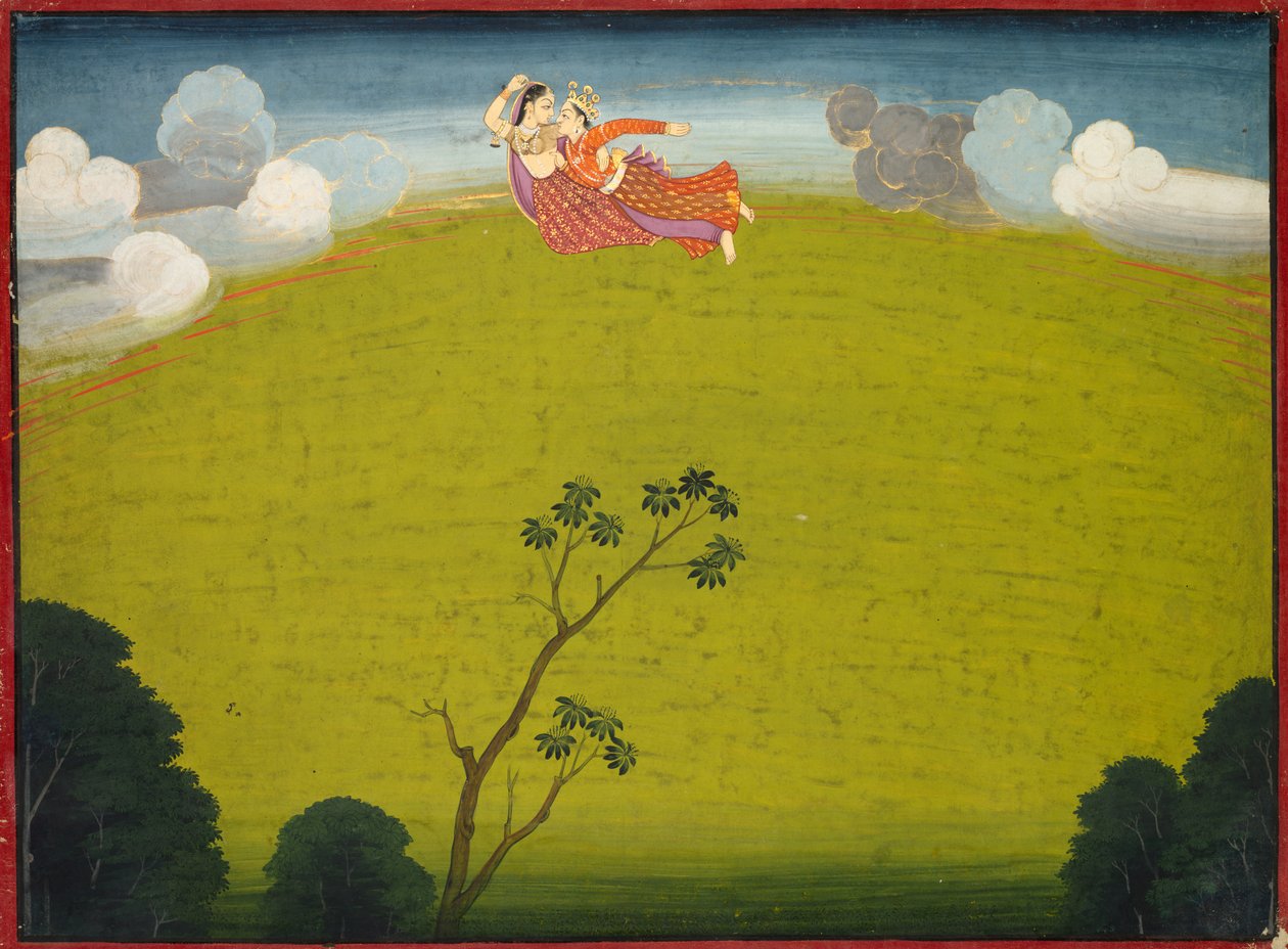 Pradyumna e Mayavati voam para Dwarka, do Grande Basohli Bhagavata Purana de Unknown artist