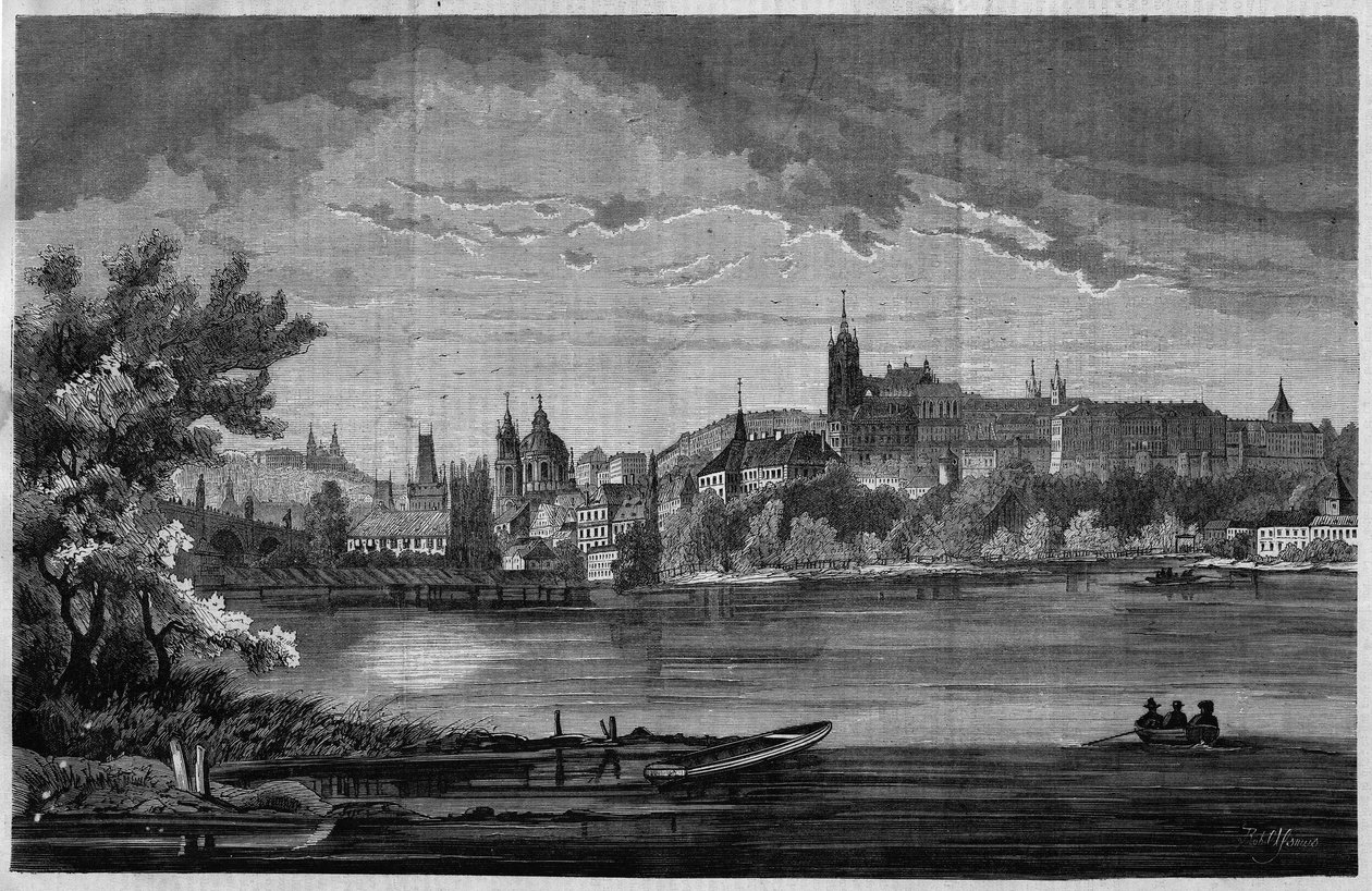 Praga, vista do bairro da igreja de São Nicolau de la Kleinseite e do bairro do castelo (Hradcany) que inclui o palácio real, 3 igrejas, um mosteiro e a Catedral de São Guy. Em "Lunivers illustré", no dia 08/08/1866. de Unknown artist