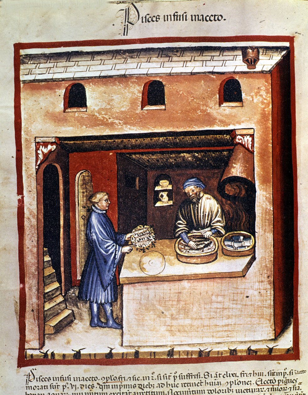 Preparação de peixe marinho em vinagre. Iluminação a partir da ordenha de medicamentos e dietética "Tacuinum sanitatis". de Unknown artist