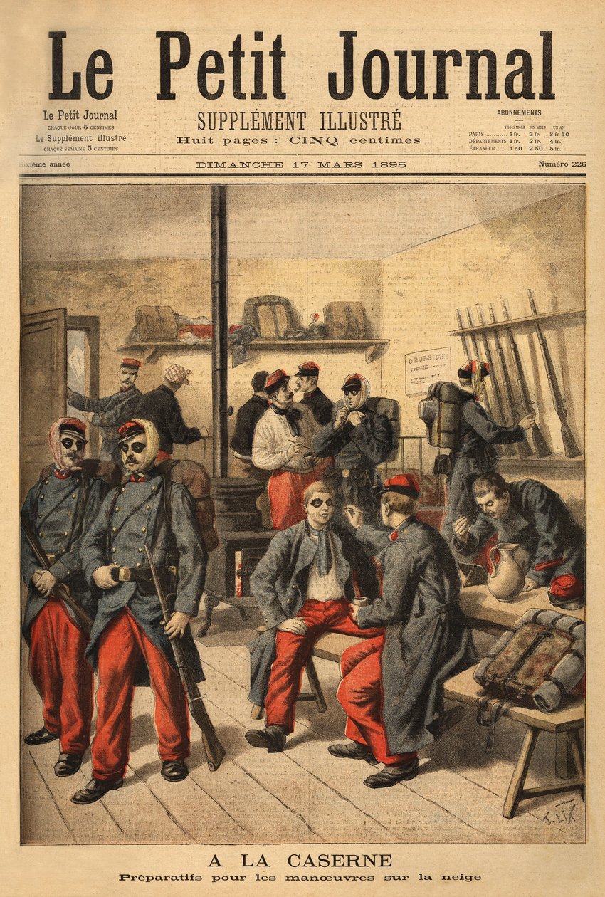 Preparando-se para as manobras na neve, em vez de usar óculos com óculos de fumo, os soldados estão rodeados de fuligem preta. Gravação em "Le petit journal" 17/03/1895. A colecção da Selva. de Unknown artist