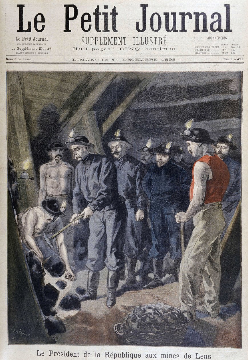 Presidente da República Jean Casimir-Perrier (Casimir Perrier, Casimir Perrier, Casimir Perrier) rodeado de mineiros nas minas de Lens, "Le petit journal" 11 de Dezembro de Unknown artist