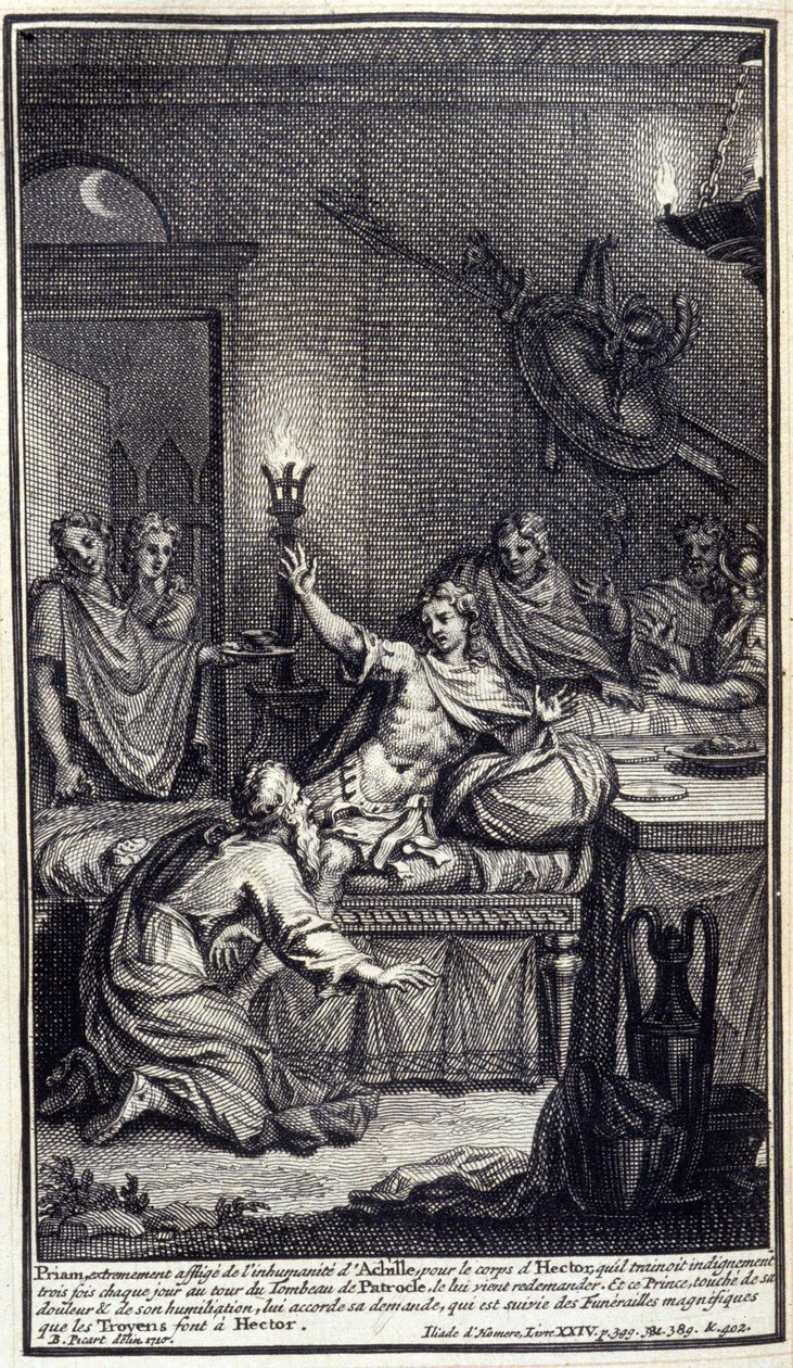 Priam, extremamente aflito com a desumanidade de Aquiles, pois o corpo de Hector, que ele arrastava três vezes por dia ao redor do túmulo de Patrocles, vem perguntar-lhe novamente. E este príncipe, tocado com a sua dor e humilhação, concede-lhe o seu pedid de Unknown artist