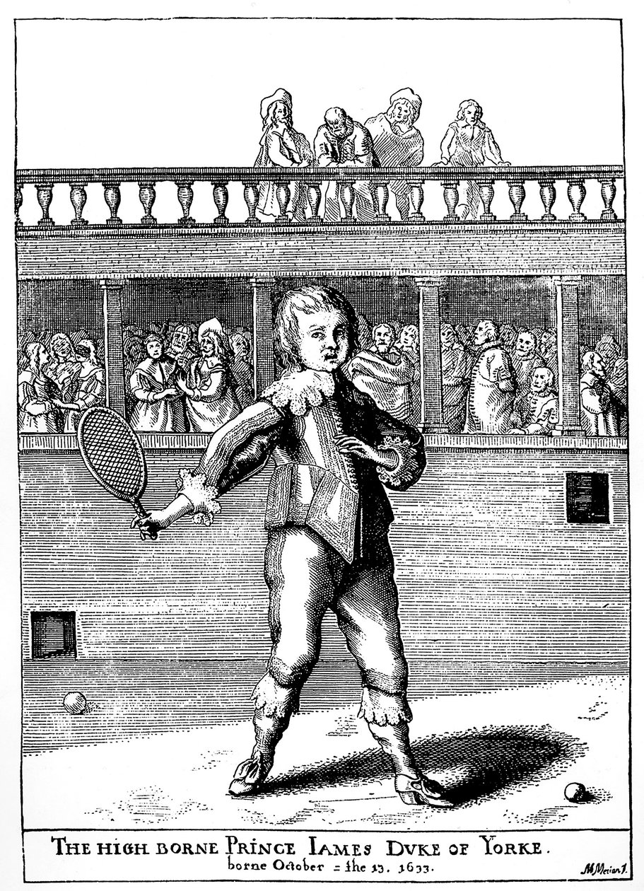 Príncipe James, Duque de York (1633-1701) jogando palm game, ele voltou mais tarde como James II da Inglaterra (James II Stuart) - em "the sports and pastimes of the people of England" por Joseph Strutt, ed 1801 de Unknown artist