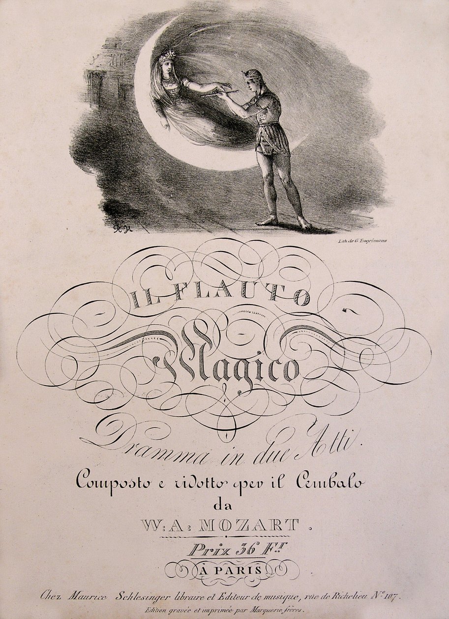 O Príncipe Tamino recebe a flauta encantada da Rainha da Noite, ilustração da capa do livro de partição de "A Flauta Encantada" (Die Zauberflote) (1791) de W.A. Mozart (1756-1792). Coleção Leonard de Selva. de Unknown artist