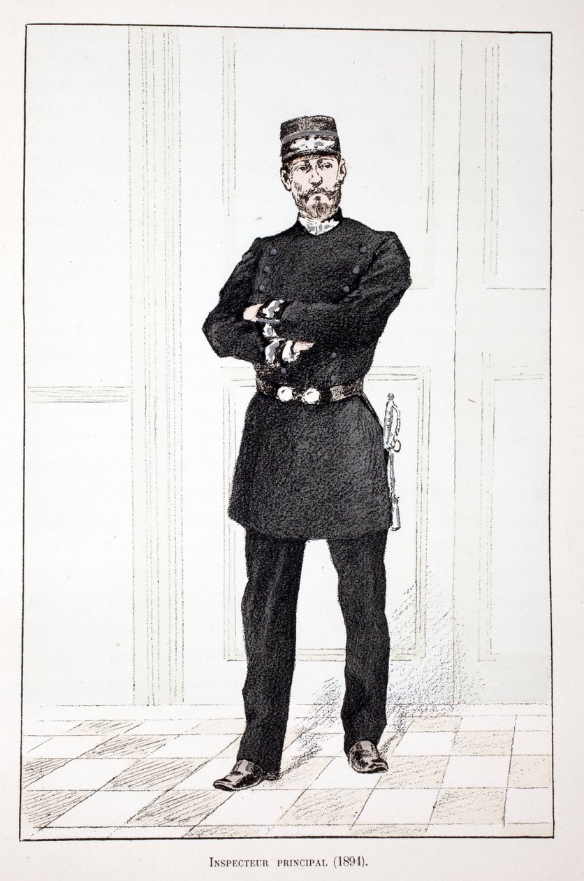 Inspetor Principal (1894). Gravura colorida, para ilustração do livro "Histoire du corps des gardiens de la paix" publicado sob os auspícios de Louis Lepine (1846-1933) prefet de police de la Seine, de Alfred Rey (1864-?) e Louis Feron (1862-?) de Unknown artist