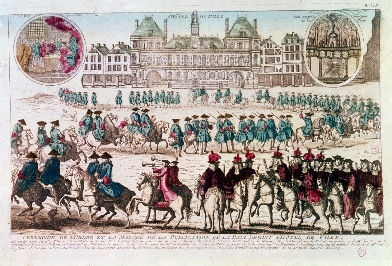 Procissão por ocasião da Cerimónia de Publicação da Paz em frente à Câmara Municipal (Place de Greve). Gravura do século XVIII a.N. Paris de Unknown artist