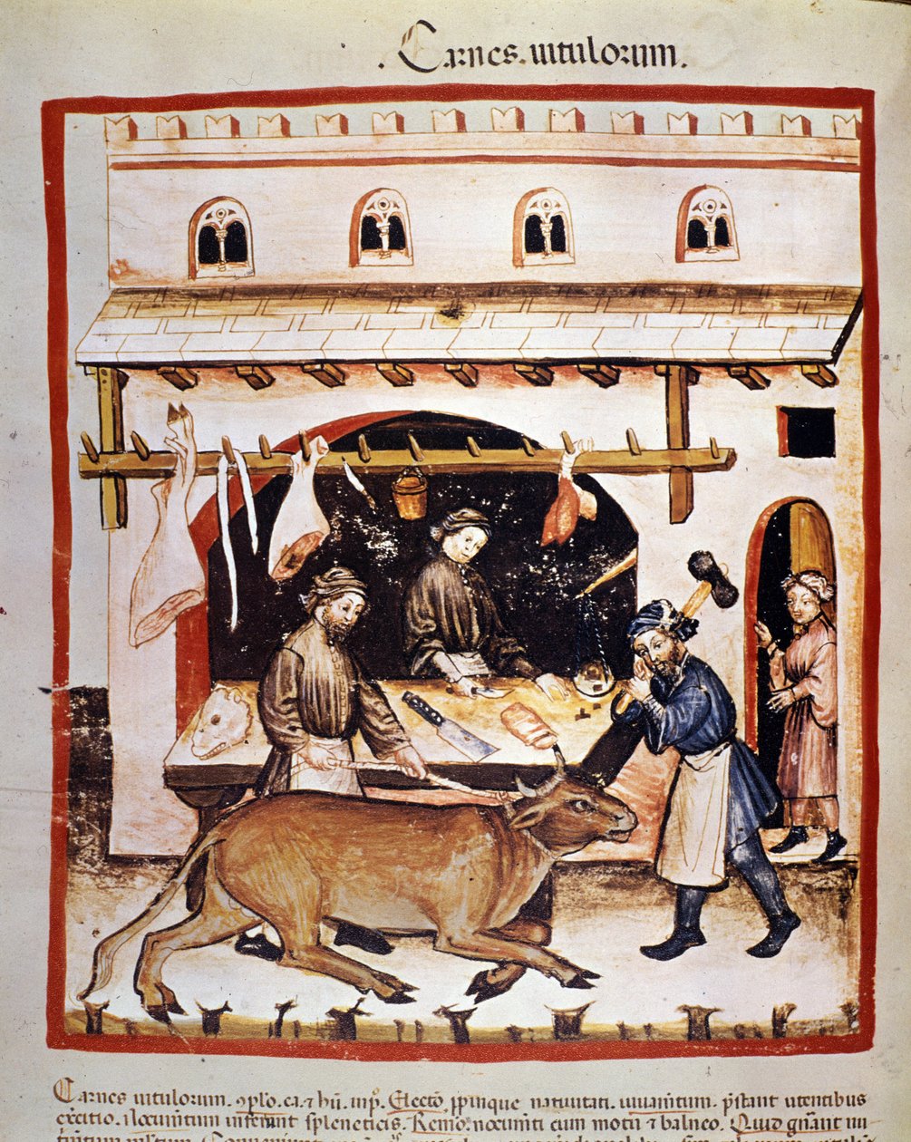 Produção e venda (açougueiro) de carne de vaca: uma carne de vaca é atordoada. Iluminação a partir da ordenha de medicamentos e dietética "Tacuinum sanitatis". de Unknown artist