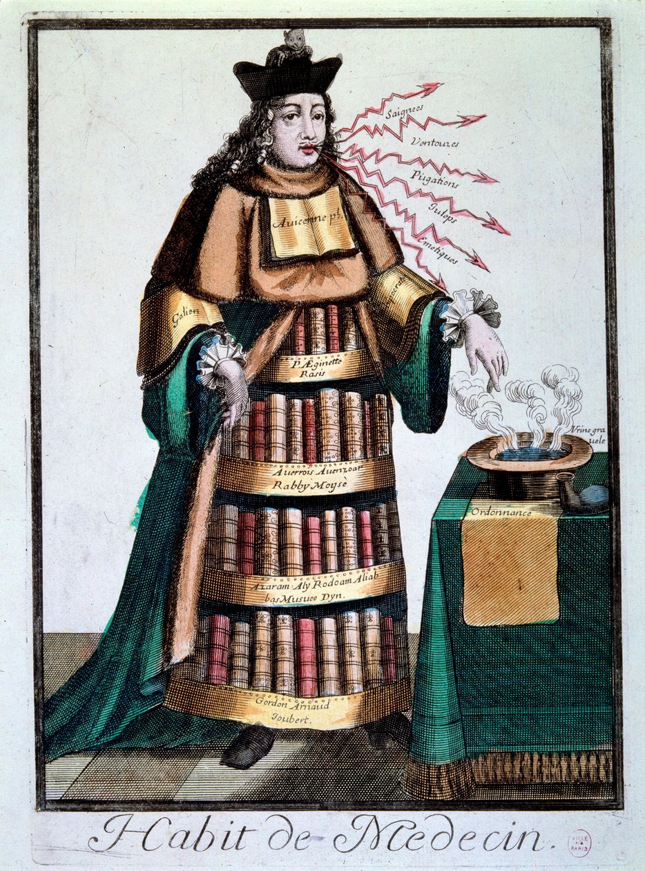 Profissão: "O vestido do médico" Um homem que usa os livros de Galien, Avicenna (Avicenna) que designa uma bacia contendo um líquido, uma receita e citando tratamentos. Gravura de Paris do século XVIII, Musee Carnavalet de Unknown artist