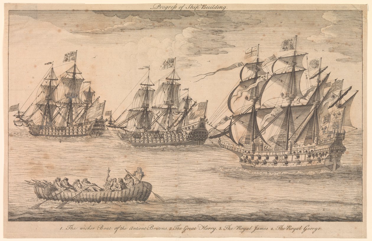 Progresso da construção naval. 1. O barco de vime dos antigos bretões 2. O Grande Harry 3. O Real James 4. O Real Jorge de Unknown artist