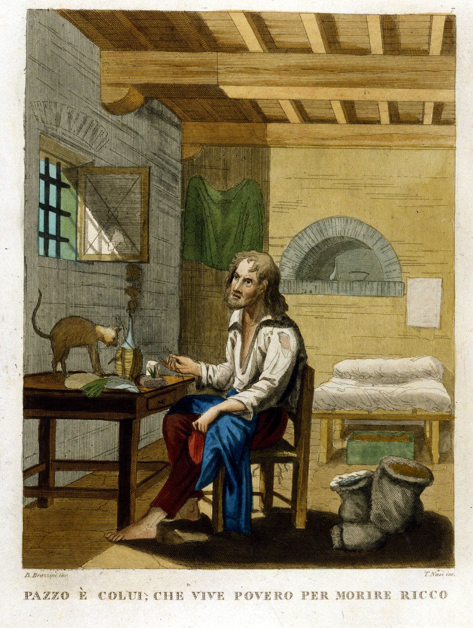 Provérbio que ilustra a ganância: "Viver pobre para morrer rico". de Unknown artist