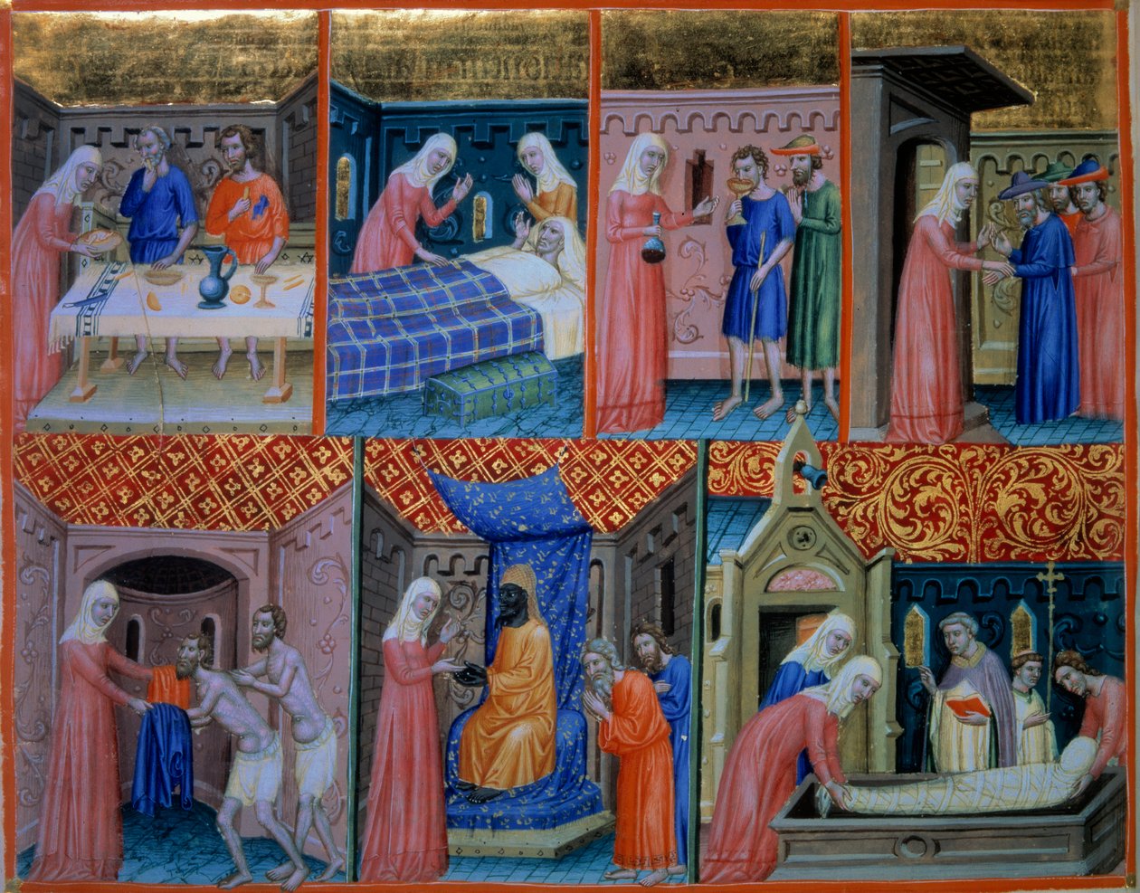 Salmo 88: Caridade. Mulher servindo duas pessoas pobres à mesa, visitando uma pessoa doente, bebendo dois prisioneiros, acolhendo viajantes, dando roupas, comprando cativos e enterrando um homem morto. Miniatura em "Saltério da Cantuária" (f.156v), v.1200- de Unknown artist