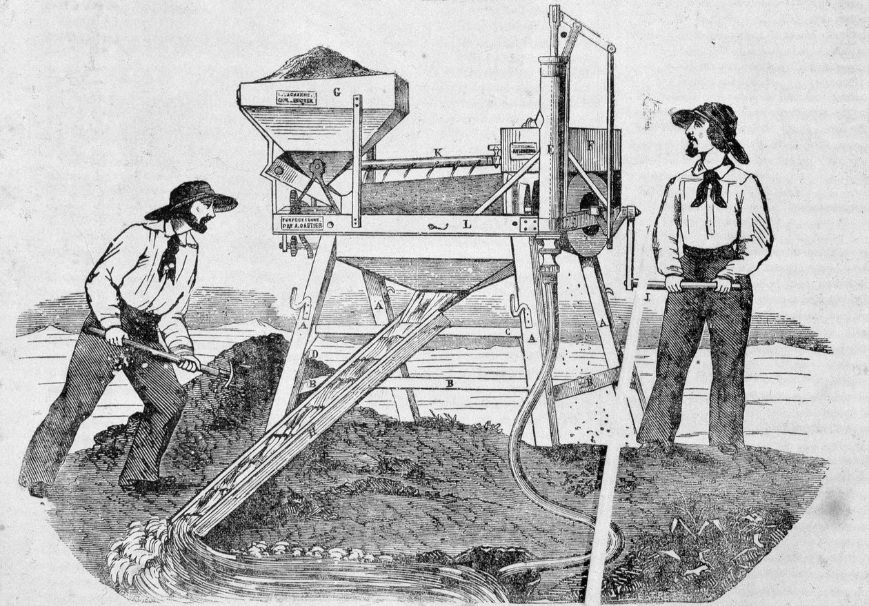 Pub "The Fortune, Company of the Gold Mines of California": imagem de dois garimpeiros trabalhando em máquinas de lavar e misturando ouro - em "the Charivari" de 25 de junho de Unknown artist