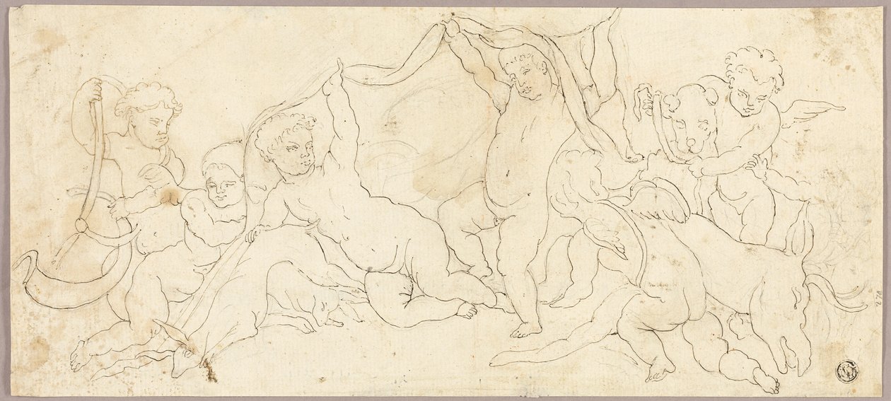 Putti brincando com veados e cachorros de Unknown artist