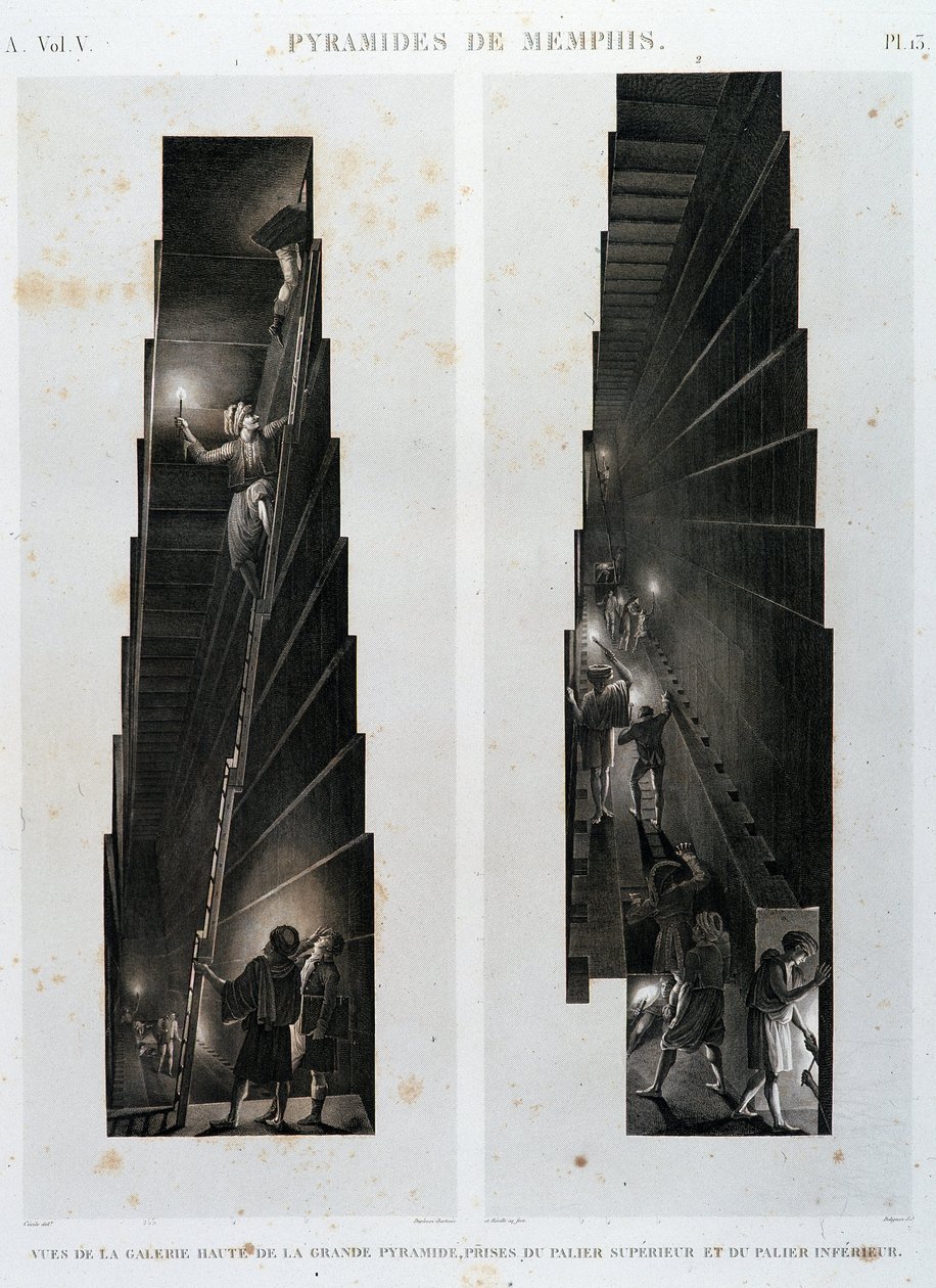 Pirâmides de Memphis: vista da galeria superior da Grande Pirâmide, tirada do rolamento superior e inferior - em "Descrição do Egito", Edições Imperiais de Unknown artist