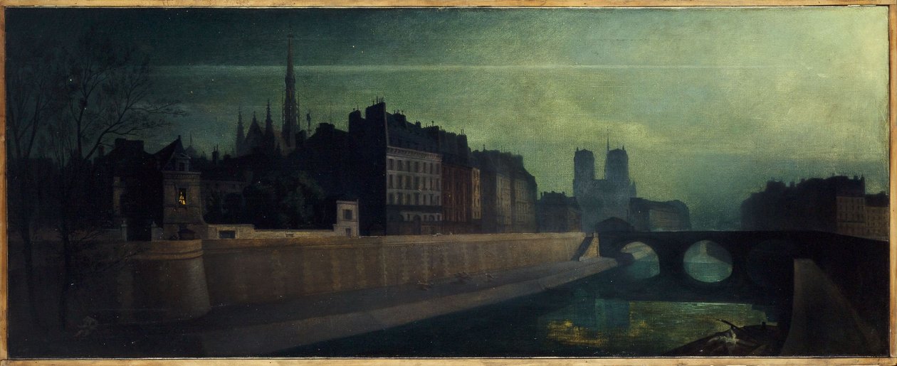 Quai des Orfêvres, Pont Saint-Michel, Notre-Dame, cerca de 1860; efeito noturno, actuais 1º e 4º arrondissements, entre 1855 e 1865 (óleo sobre tela) de Unknown artist