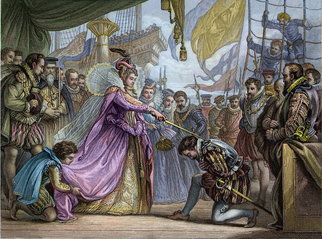 Rainha Elizabeth I (1530-1603) cavaleiro Francis Drake (1540-96) - Suavização por Francis Drake (1540-1596) de Unknown artist