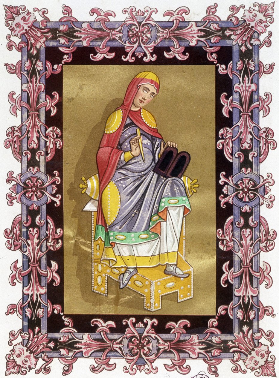 Radegonde (ca. 520 - 587), rainha da França, esposa de Clotaire (Clothaire) I. Cromolitografia do século XIX baseada na iluminação. de Unknown artist