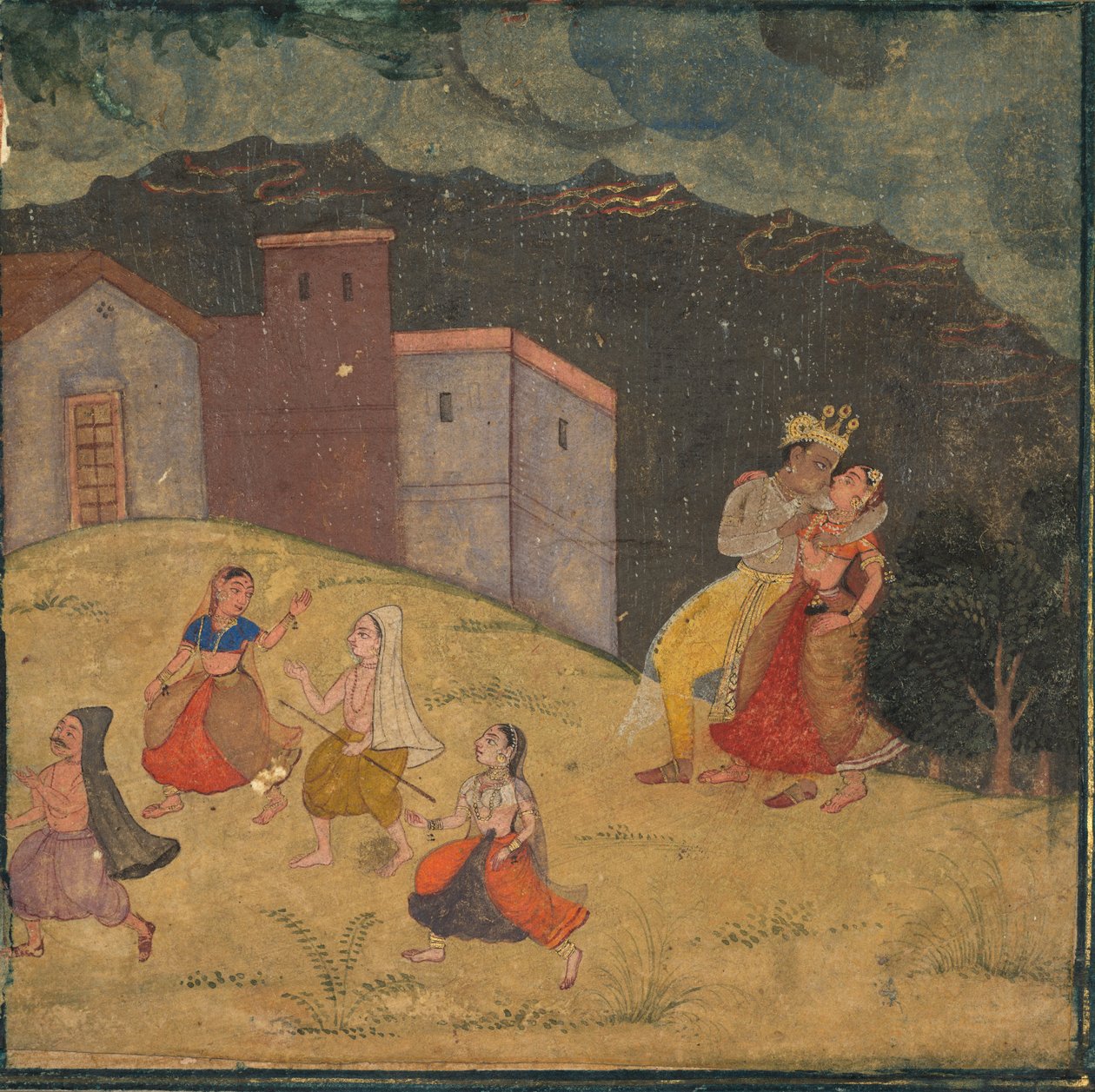 Radha e Krishna pegos em uma tempestade de Unknown artist