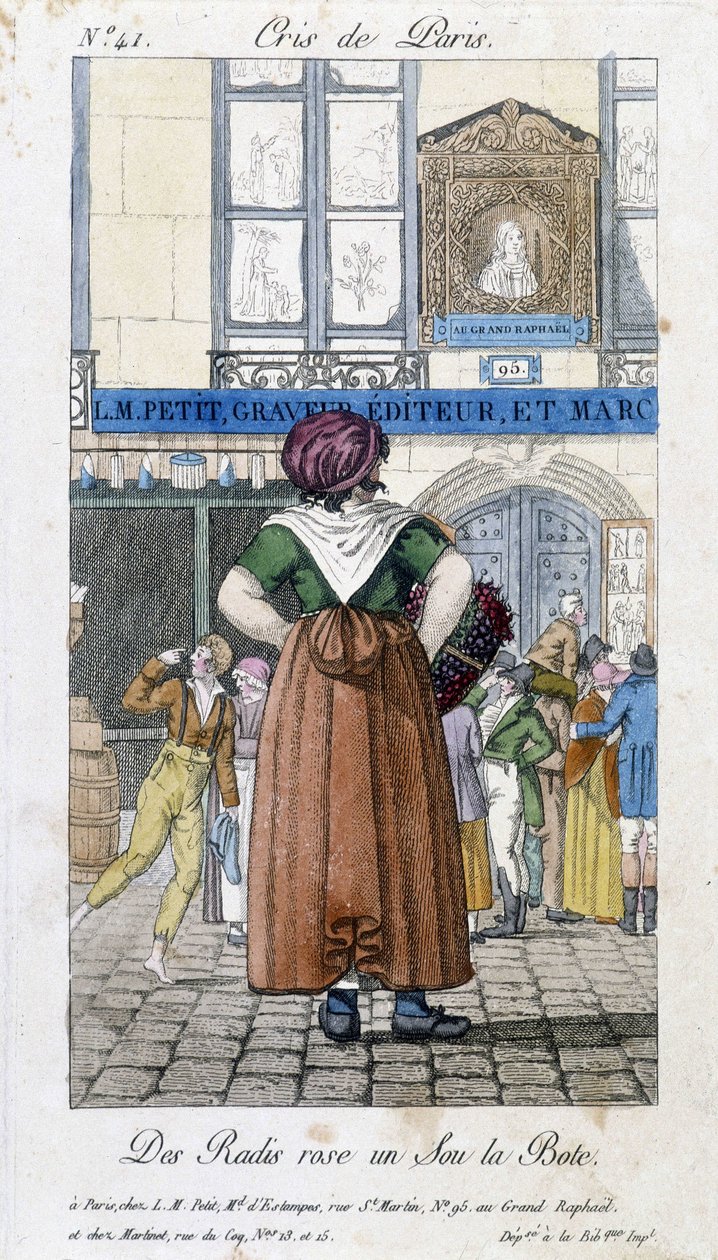 Comerciante de rabanete nas ruas de Paris - em "Cris de Paris", deb. Século XIX de Unknown artist