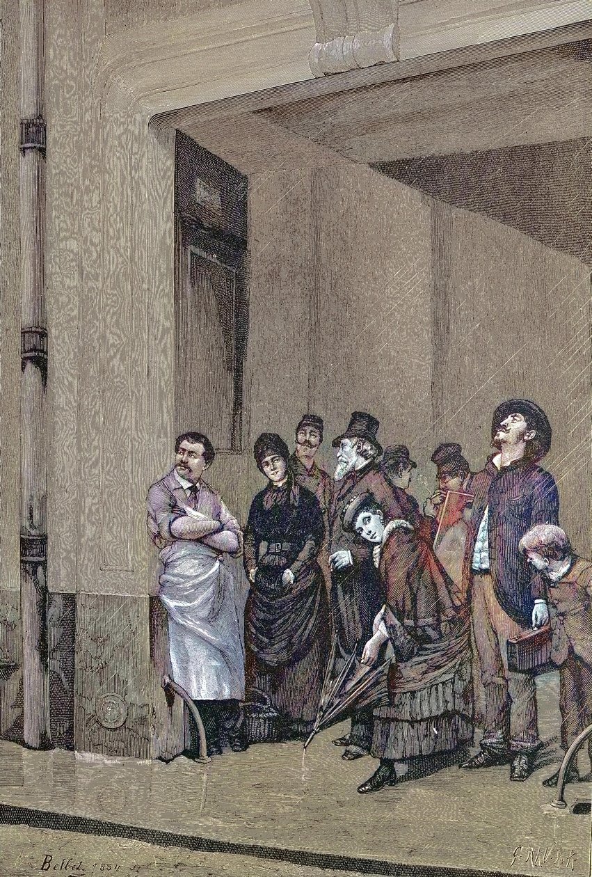 Tempo de chuva, pessoas sob um telhado à espera que a chuva pare, pintura de A. Bellet de Unknown artist